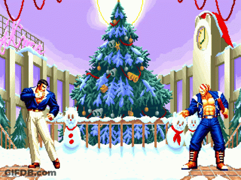 A Pixel Art Of Two Men In Front Of A Christmas Tree And A Clock GIF