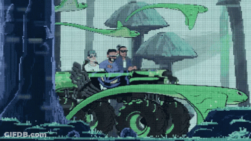 A Pixel Art Of Two Men Riding A Green Vehicle GIF