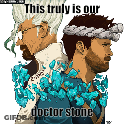A Pixel Art Of Two Men With A Caption That Says " This Truly Is Our Doctor Stone " GIF