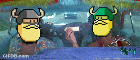 A Pixel Art Of Two Vikings In A Car With Tiny Written On The Bottom GIF