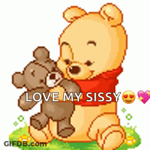 A Pixel Art Of Winnie The Pooh Holding A Teddy Bear With The Words Love My Sissy GIF