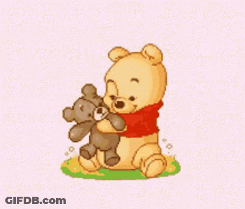 A Pixel Art Of Winnie The Pooh Hugging A Teddy Bear . GIF