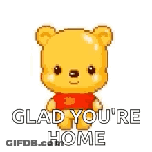 A Pixel Art Of Winnie The Pooh Saying `` Glad You 'Re Home '' Surrounded By Pink Hearts . GIF