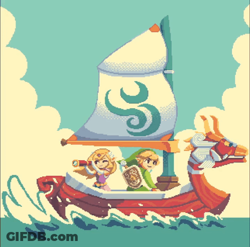 A Pixel Art Of Zelda And Link On A Boat GIF