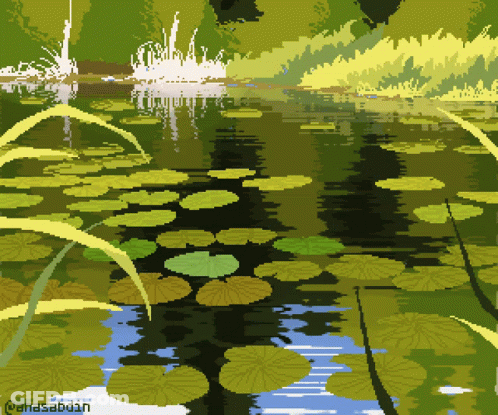 A Pixel Art Painting Of A Pond With Lily Pads And Trees GIF