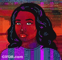 A Pixel Art Portrait Of A Woman In A Purple And Blue Striped Sweater GIF