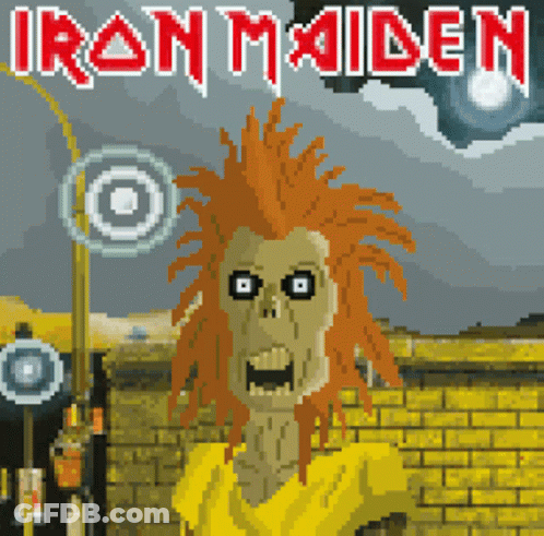 A Pixel Art Poster For Iron Maiden With A Skeleton In A Yellow Shirt GIF