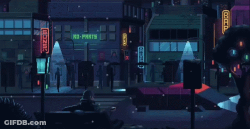 A Pixel Art Scene With A Sign That Says Ro-Parts On It GIF