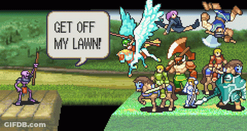 A Pixel Art Scene With A Speech Bubble That Says " Get Off My Lawn ! " GIF