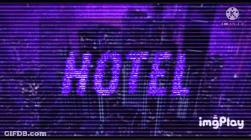 A Pixel Art Scene With The Word Hotel In Purple GIF