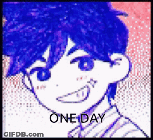 A Pixelated Image Of A Boy With Blue Hair And The Words One Day Below Him GIF