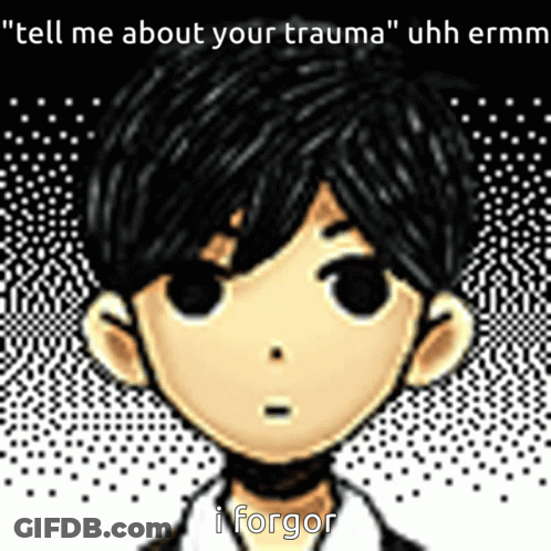 A Pixelated Image Of A Boy With The Words " Tell Me About Your Trauma " GIF