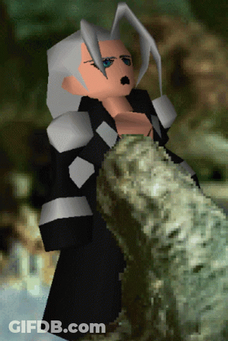 A Pixelated Image Of A Cartoon Character With Gray Hair And A Black Coat GIF