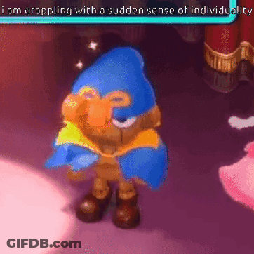 A Pixelated Image Of A Cartoon Character With The Words " I Am Grappling With A Sudden Sense Of Individuality " GIF