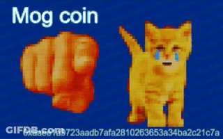 A Pixelated Image Of A Cat And A Fist With The Words Mog Coin On The Bottom GIF