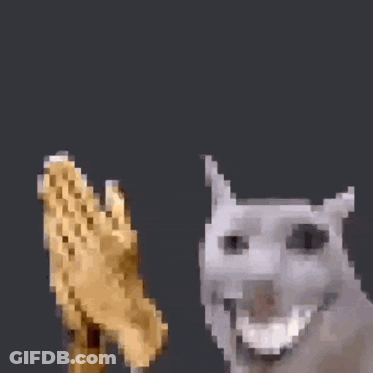 A Pixelated Image Of A Cat Standing Next To A Statue Of A Hand GIF