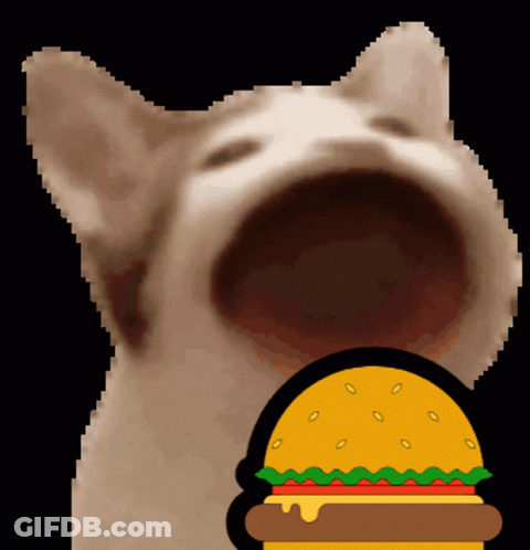 A Pixelated Image Of A Cat With Its Mouth Open And A Hamburger In The Background GIF