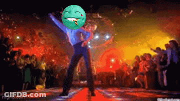 A Pixelated Image Of A Man Dancing With A Green Smiley Face On His Head GIF