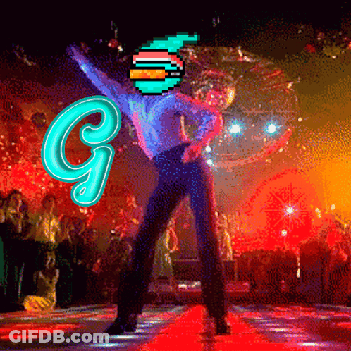 A Pixelated Image Of A Man Dancing With A Neon Letter G Behind Him GIF