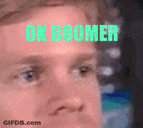 A Pixelated Image Of A Man 'S Face With The Words Ok Boomer Written Above It GIF