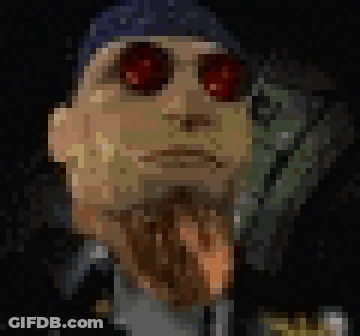 A Pixelated Image Of A Man With Red Eyes Sticking His Tongue Out GIF