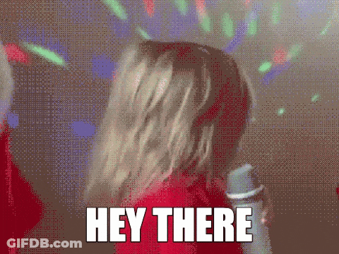 A Pixelated Image Of A Woman Dancing With The Words " Hey There " Above Her GIF