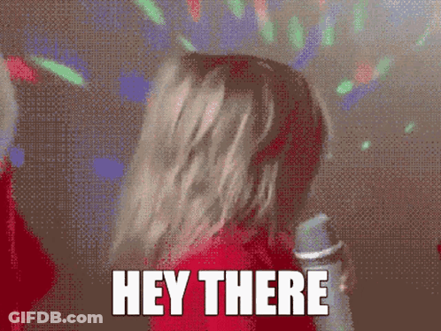 A Pixelated Image Of A Woman Dancing With The Words Hey There In White Letters GIF