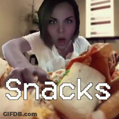 A Pixelated Image Of A Woman Eating A Sandwich With The Words Snacks Written On It GIF