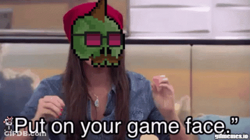 A Pixelated Image Of A Woman With The Words Put On Your Game Face Below Her GIF