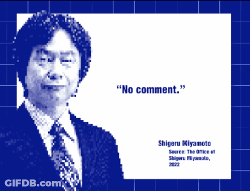 A Pixelated Image Of Shigeru Miyamoto With The Words " No Comment " Below Him GIF