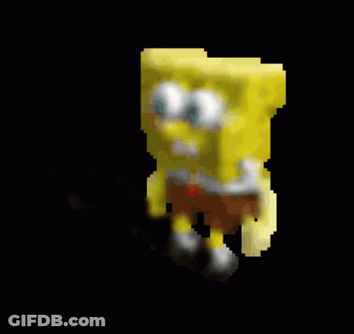 A Pixelated Image Of Spongebob Squarepants Dancing On A Black Background GIF