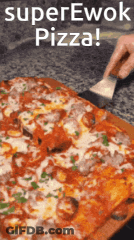 A Pizza Being Sliced With The Words Superewok Pizza Written Above It GIF