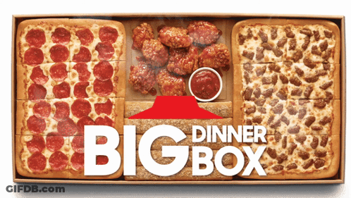 A Pizza Box That Says Dinner Bigbox On It GIF