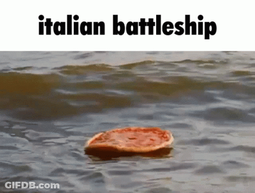 A Pizza Floating On Top Of A Body Of Water With The Words Italian Battleship Below It GIF