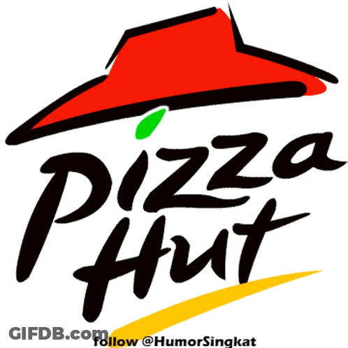 A Pizza Hut Logo With A Red Hat And A Green Leaf GIF