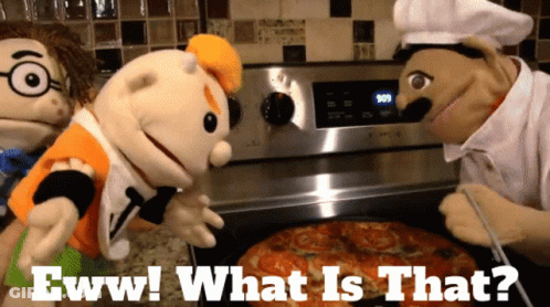 A Pizza Is Being Cooked On A Stove With The Words " Eww What Is That " Below It GIF