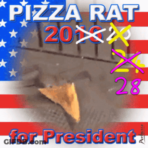 A Pizza Rat For President Poster With An American Flag In The Background GIF