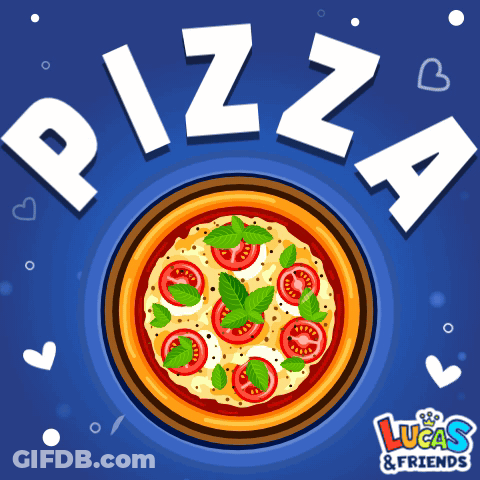 A Pizza With Tomatoes And Basil On A Blue Background That Says Pizza GIF