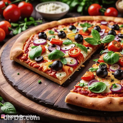 A Pizza With Tomatoes Onions Olives And Basil On It GIF
