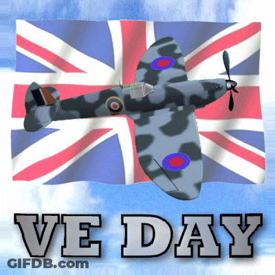 A Plane Is Flying In Front Of A British Flag With The Words Ve Day Below It GIF
