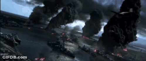 A Plane Is Flying Over A Battlefield With Smoke Coming Out Of The Ground GIF