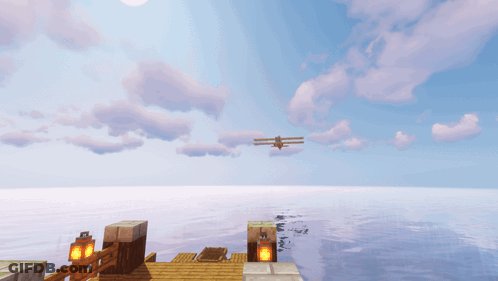 A Plane Is Flying Over A Body Of Water With A Dock In The Foreground GIF