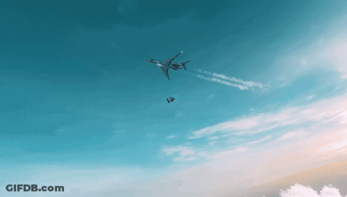 A Plane Is Flying Through A Cloudy Blue Sky And A Person Is Falling From It GIF