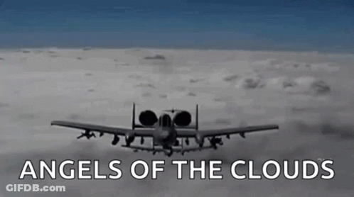 A Plane Is Flying Through The Clouds With The Words `` Angels Of The Clouds '' Above It . GIF