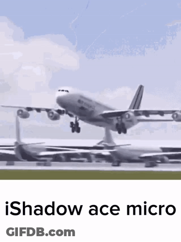 A Plane Is Taking Off From A Runway And The Words Shadow Ace Micro Are Below It GIF