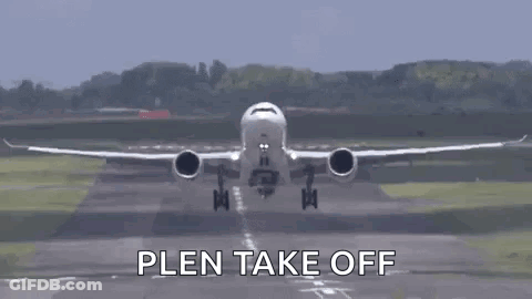 A Plane Is Taking Off From An Airport Runway With The Words `` Plen Take Off '' Written On The Bottom . GIF