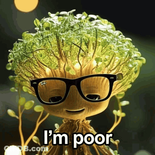 A Plant Wearing Glasses And The Words I 'M Poor Below It GIF