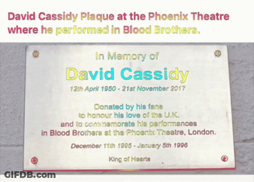 A Plaque That Says David Cassidy On It GIF