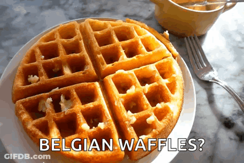A Plate Of Belgian Waffles With A Fork On A Table GIF