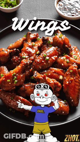 A Plate Of Chicken Wings With A Monkey Wearing A Shirt That Says ' Zhot ' On It GIF